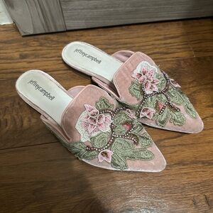 JEFFREY CAMPBELL CLAES  PINK VELVET APPLIQUE LOAFER MULE.